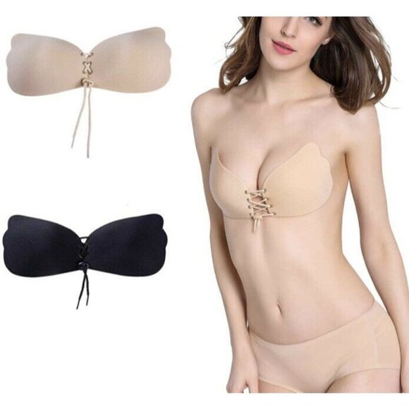 Invisible push up bra 2 Pack Strapless Adhesive Padded B Cup Black Beige 32B 34B - Picture 2 of 3